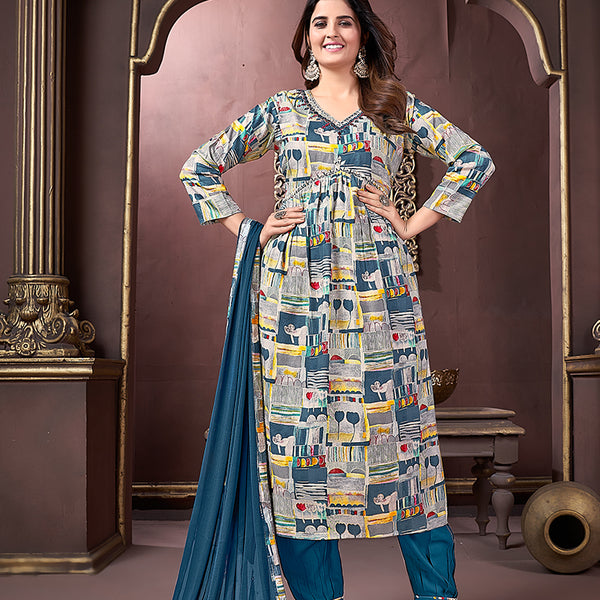 Monjolika Fashion Blue Rayon Printed Festival Wear Afghani Suit - Distacart