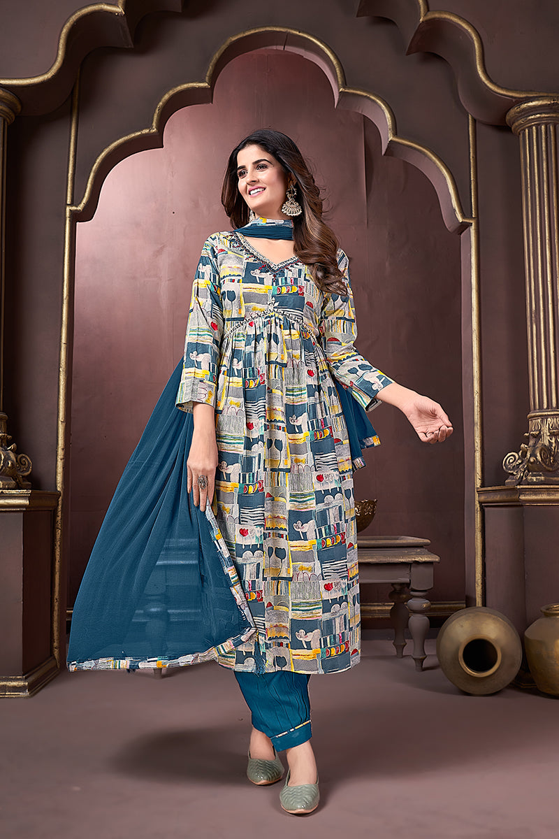 Monjolika Fashion Blue Rayon Printed Festival Wear Afghani Suit