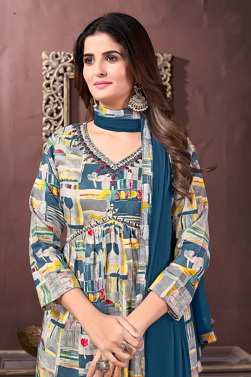 Monjolika Fashion Blue Rayon Printed Festival Wear Afghani Suit