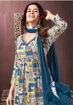 Thumbnail for Monjolika Fashion Blue Rayon Printed Festival Wear Afghani Suit