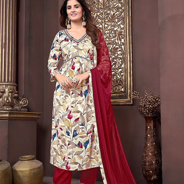 Monjolika Fashion Red Rayon Printed Festival Wear Afghani Suit - Distacart