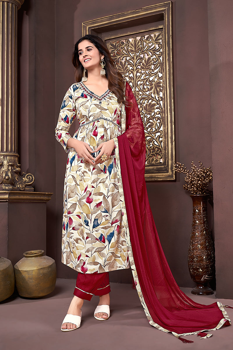 Monjolika Fashion Red Rayon Printed Festival Wear Afghani Suit