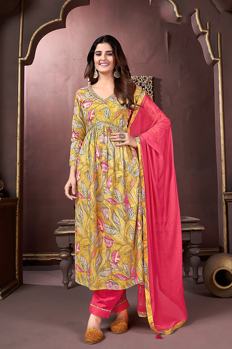 Monjolika Fashion Yellow And Pink Rayon Printed Festival Wear Afghani Suit