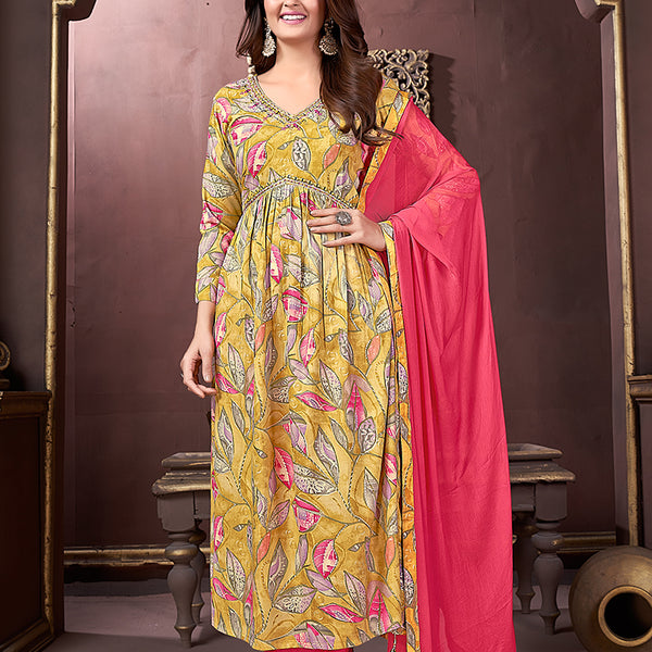 Monjolika Fashion Yellow And Pink Rayon Printed Festival Wear Afghani Suit - Distacart