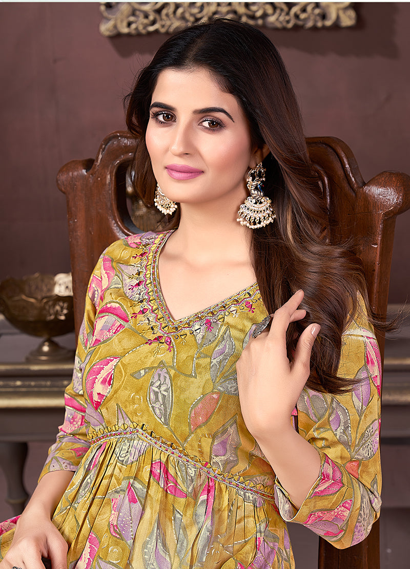 Monjolika Fashion Yellow And Pink Rayon Printed Festival Wear Afghani Suit