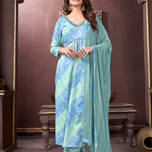 Monjolika Fashion Light Blue Rayon Printed Festival Wear Afghani Suit - Distacart