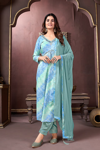 Monjolika Fashion Light Blue Rayon Printed Festival Wear Afghani Suit