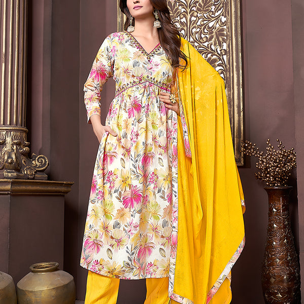 Monjolika Fashion Yellow Rayon Printed Festival Wear Afghani Suit - Distacart