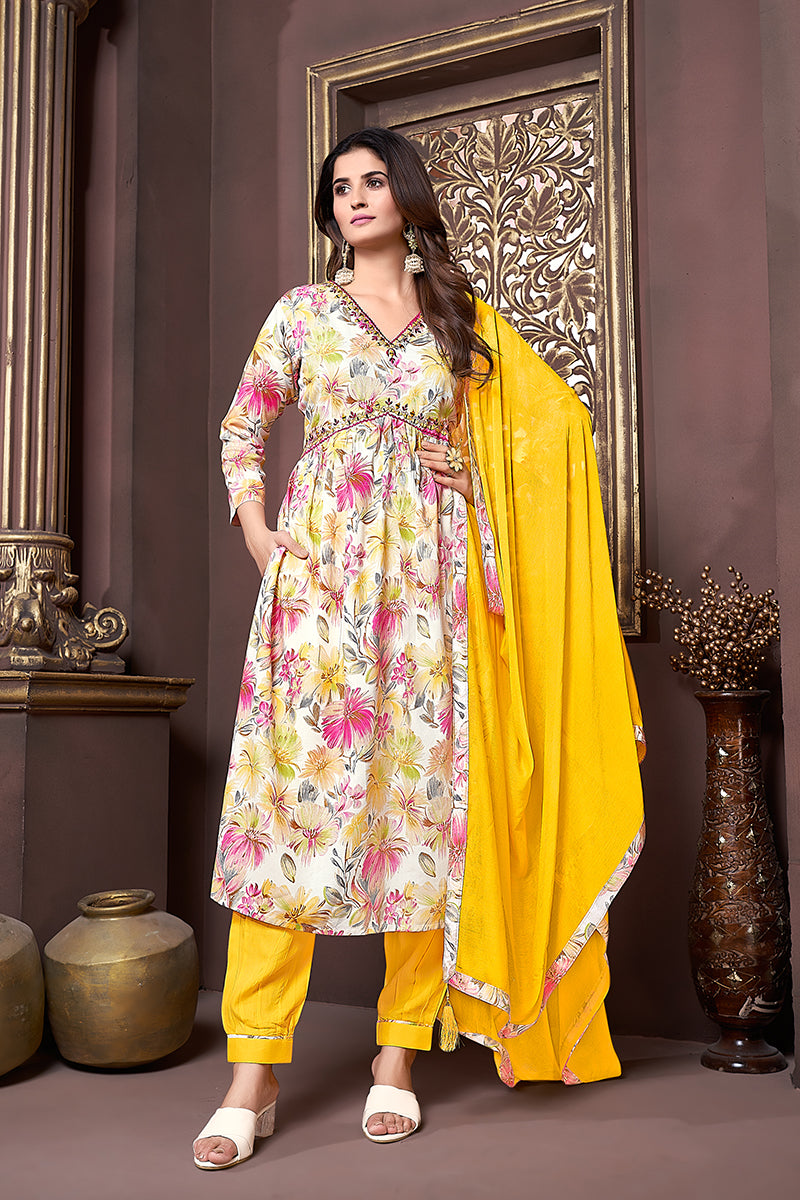 Monjolika Fashion Yellow Rayon Printed Festival Wear Afghani Suit - Distacart