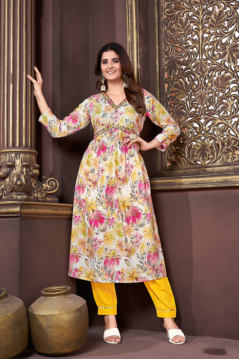 Monjolika Fashion Yellow Rayon Printed Festival Wear Afghani Suit