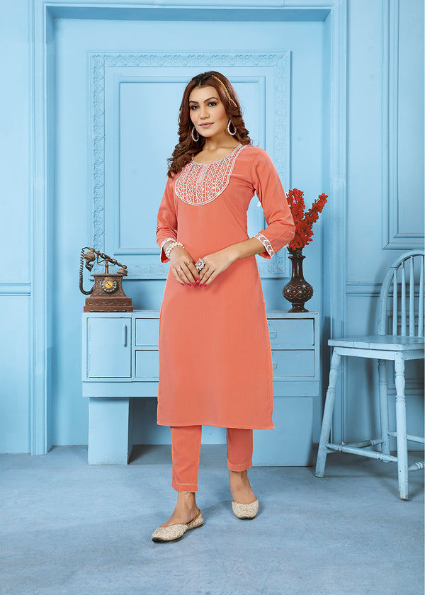 Monjolika Fashion Peach Rinkal Cotton With Embroidered Work Kurti With Pant