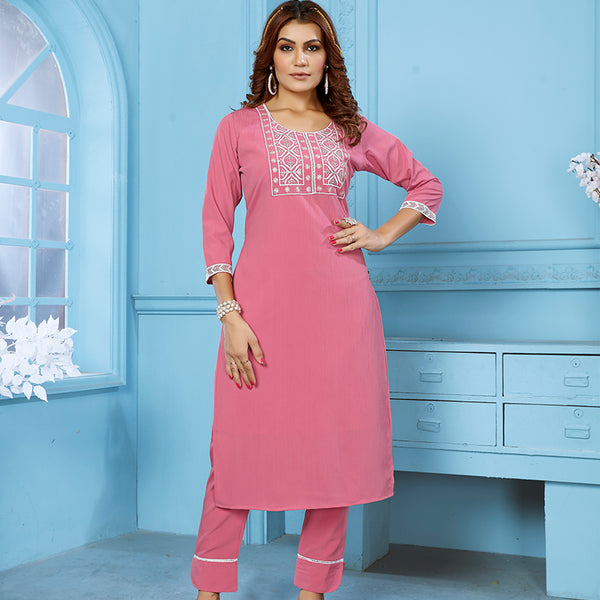 Monjolika Fashion Rose Pink Rinkal Cotton With Embroidered Work Kurti With Pant - Distacart
