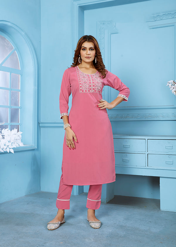 Monjolika Fashion Rose Pink Rinkal Cotton With Embroidered Work Kurti With Pant