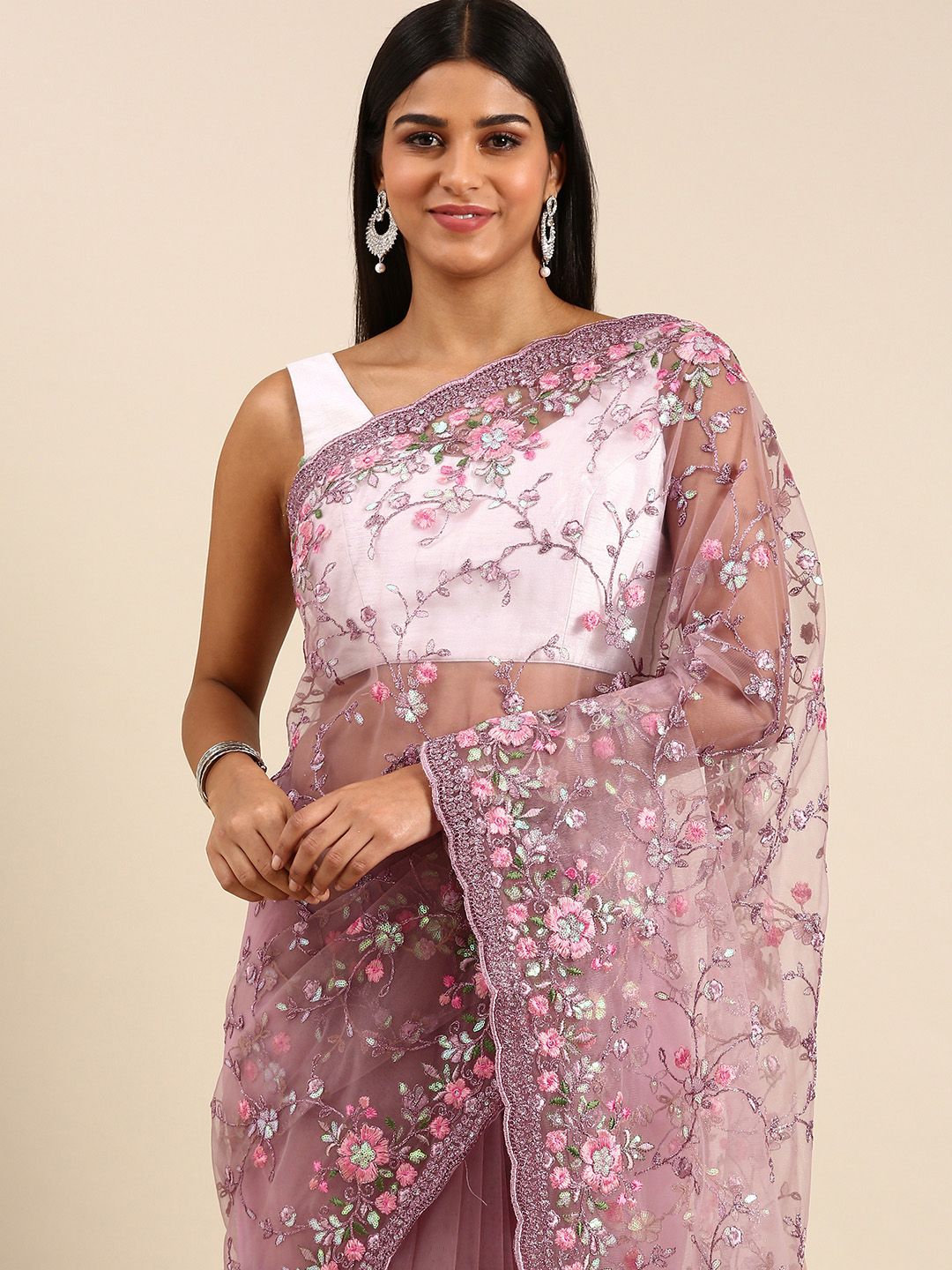 kasee Floral Embroidered Net Saree - Distacart