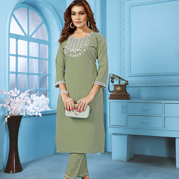 Monjolika Fashion Sage Green Rinkal Cotton With Embroidered Work Kurti With Pant - Distacart