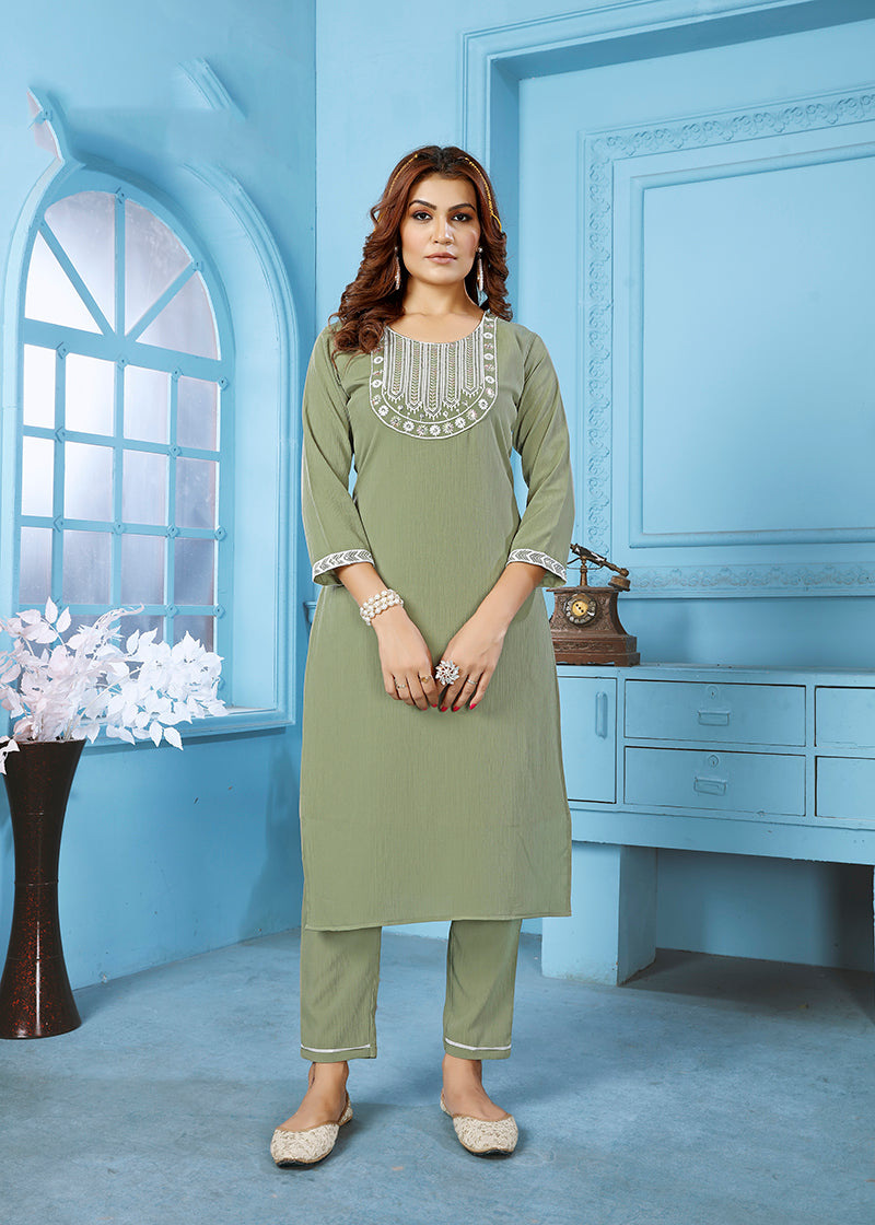 Monjolika Fashion Sage Green Rinkal Cotton With Embroidered Work Kurti With Pant