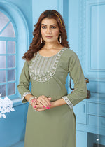 Thumbnail for Monjolika Fashion Sage Green Rinkal Cotton With Embroidered Work Kurti With Pant