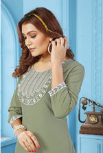 Thumbnail for Monjolika Fashion Sage Green Rinkal Cotton With Embroidered Work Kurti With Pant