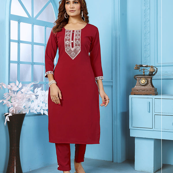 Monjolika Fashion Red Rinkal Cotton With Embroidered Work Kurti With Pant - Distacart
