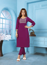 Thumbnail for Monjolika Fashion Purple Rinkal Cotton With Embroidered Work Kurti With Pant
