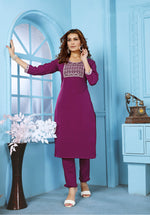 Thumbnail for Monjolika Fashion Purple Rinkal Cotton With Embroidered Work Kurti With Pant