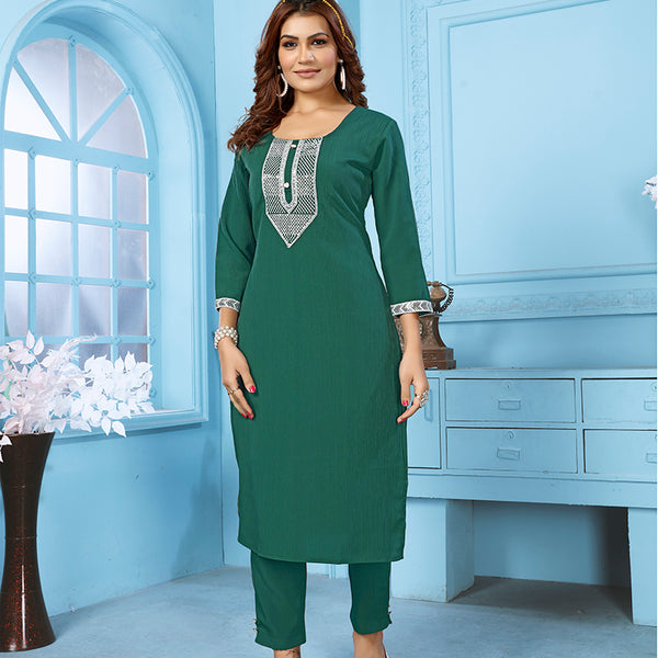 Monjolika Fashion Dark Green Rinkal Cotton With Embroidered Work Kurti With Pant - Distacart