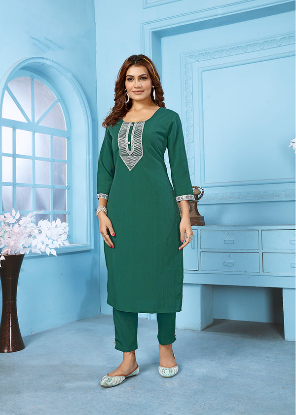 Monjolika Fashion Dark Green Rinkal Cotton With Embroidered Work Kurti With Pant