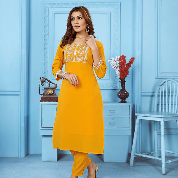 Monjolika Fashion Yellow Rinkal Cotton With Embroidered Work Kurti With Pant