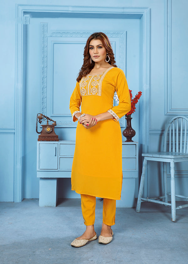 Monjolika Fashion Yellow Rinkal Cotton With Embroidered Work Kurti With Pant