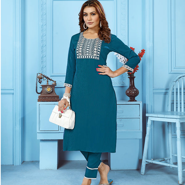 Monjolika Fashion Teal Blue Rinkal Cotton With Embroidered Work Kurti With Pant - Distacart