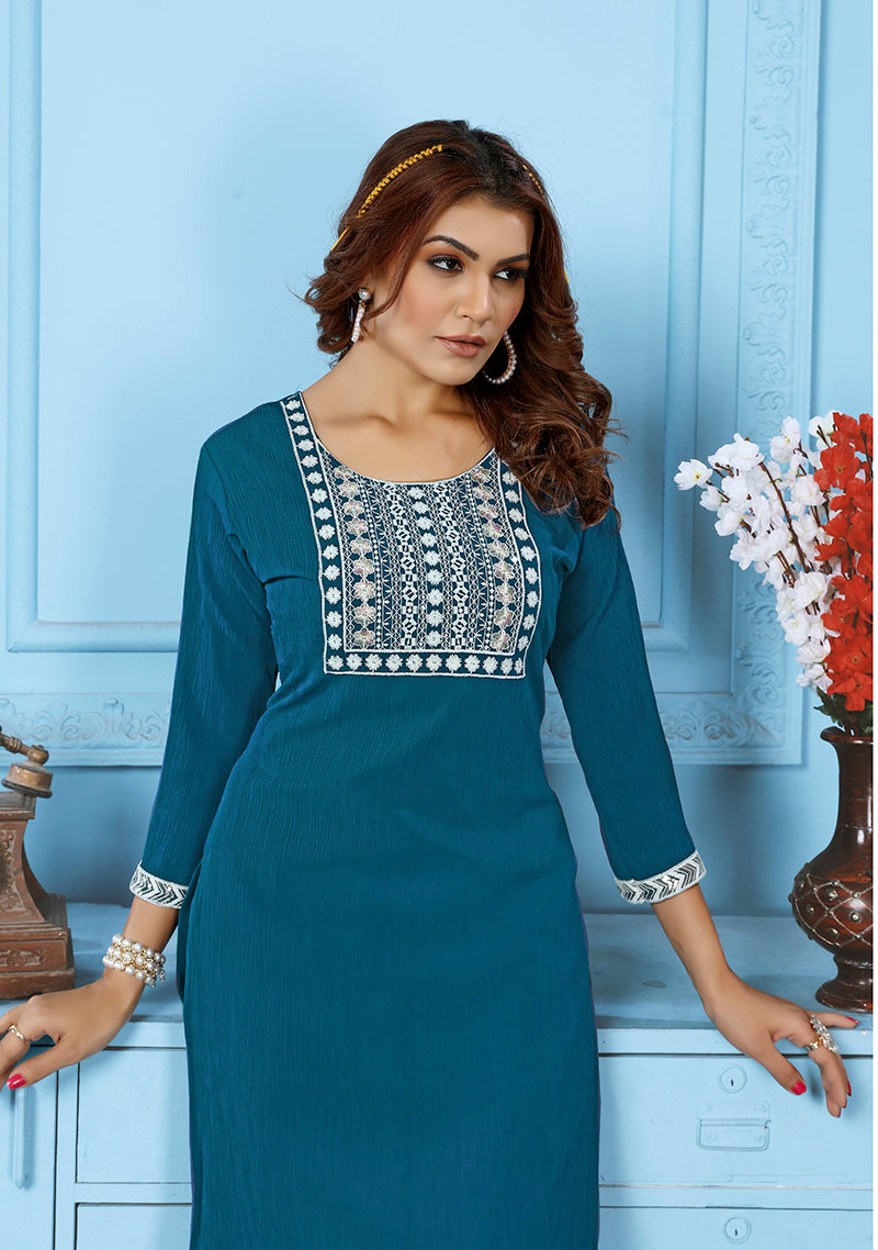 Monjolika Fashion Teal Blue Rinkal Cotton With Embroidered Work Kurti With Pant