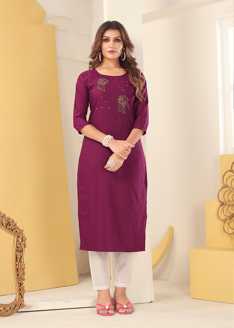 Monjolika Fashion Magenta Vision Silk With Handmade Embroidery Kurti