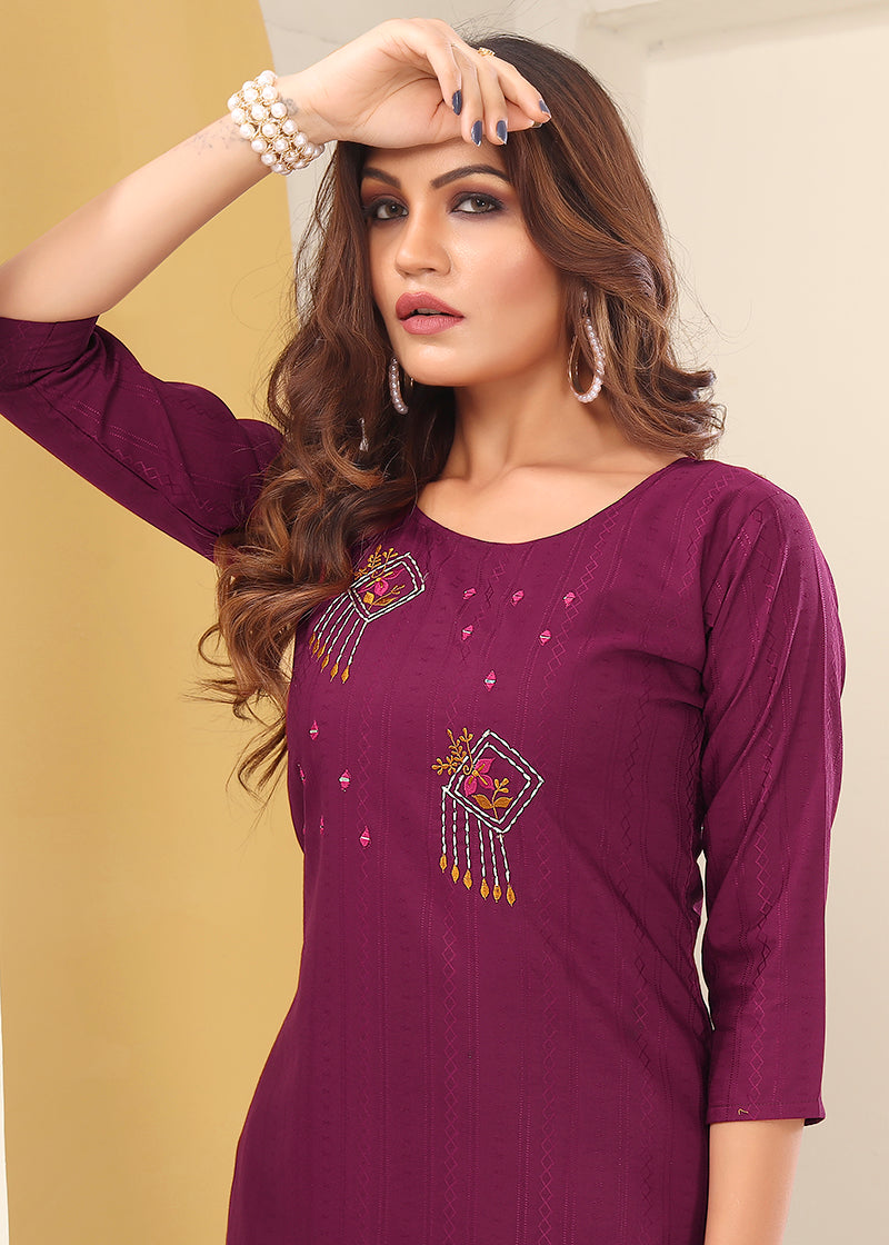 Monjolika Fashion Magenta Vision Silk With Handmade Embroidery Kurti