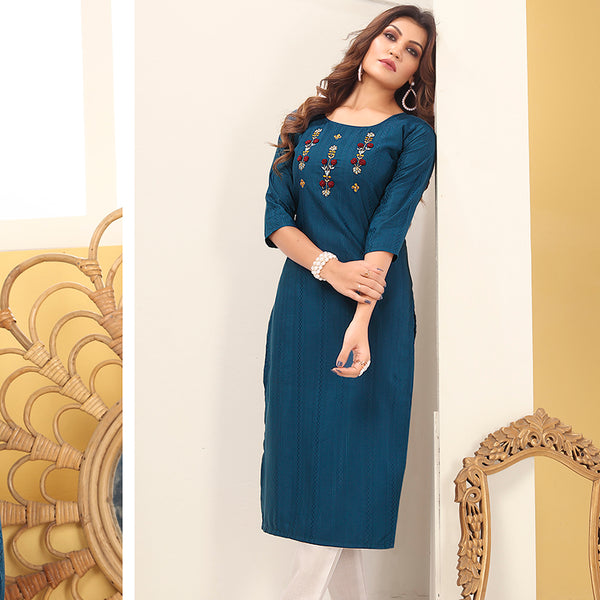 Monjolika Fashion Teal Blue Vision Silk With Handmade Embroidery Kurti