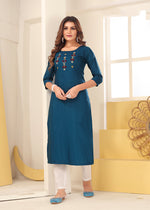 Thumbnail for Monjolika Fashion Teal Blue Vision Silk With Handmade Embroidery Kurti