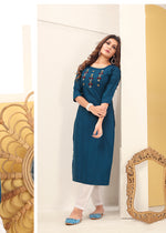 Thumbnail for Monjolika Fashion Teal Blue Vision Silk With Handmade Embroidery Kurti