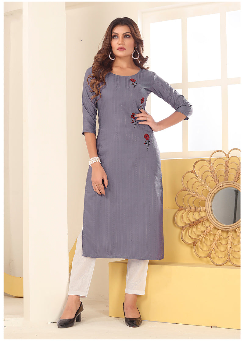 Monjolika Fashion Grey Vision Silk With Handmade Embroidery Kurti