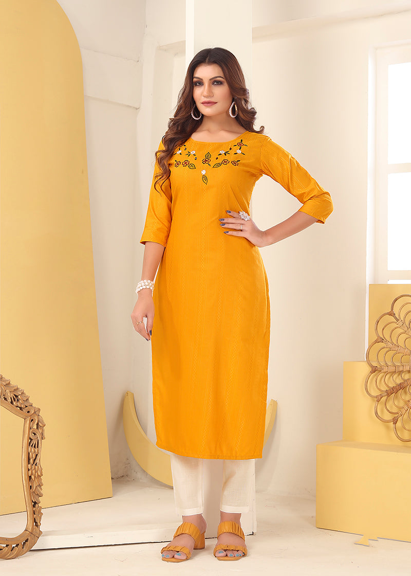 Monjolika Fashion Mustard Vision Silk With Handmade Embroidery Kurti