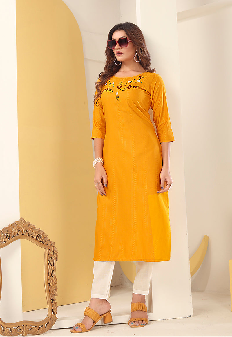 Monjolika Fashion Mustard Vision Silk With Handmade Embroidery Kurti