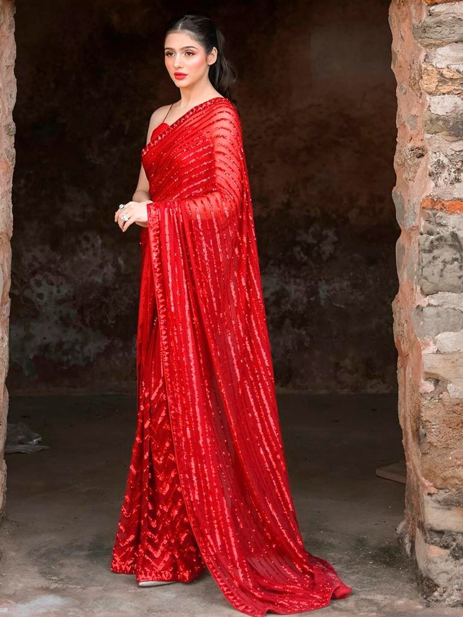 Anouk Red Embellished Sequinned Pure Georgette Saree - Distacart