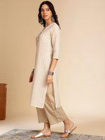 Thumbnail for Anouk Off White Printed Mandarin Collar Cotton Straight Kurta