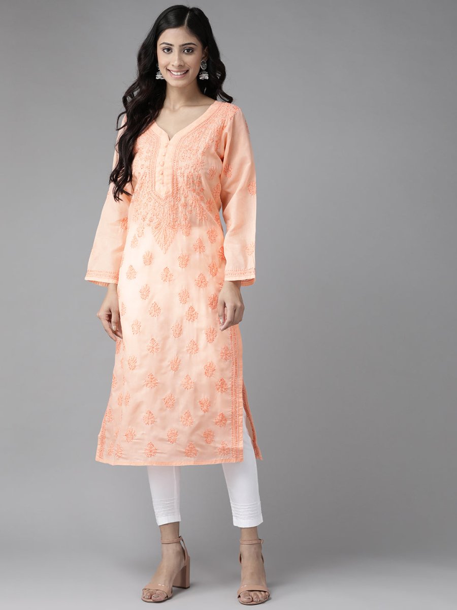 ADA Women Peach-Coloured & White Chikankari Embroidered Handloom Kurta with Cotton Trousers - Distacart