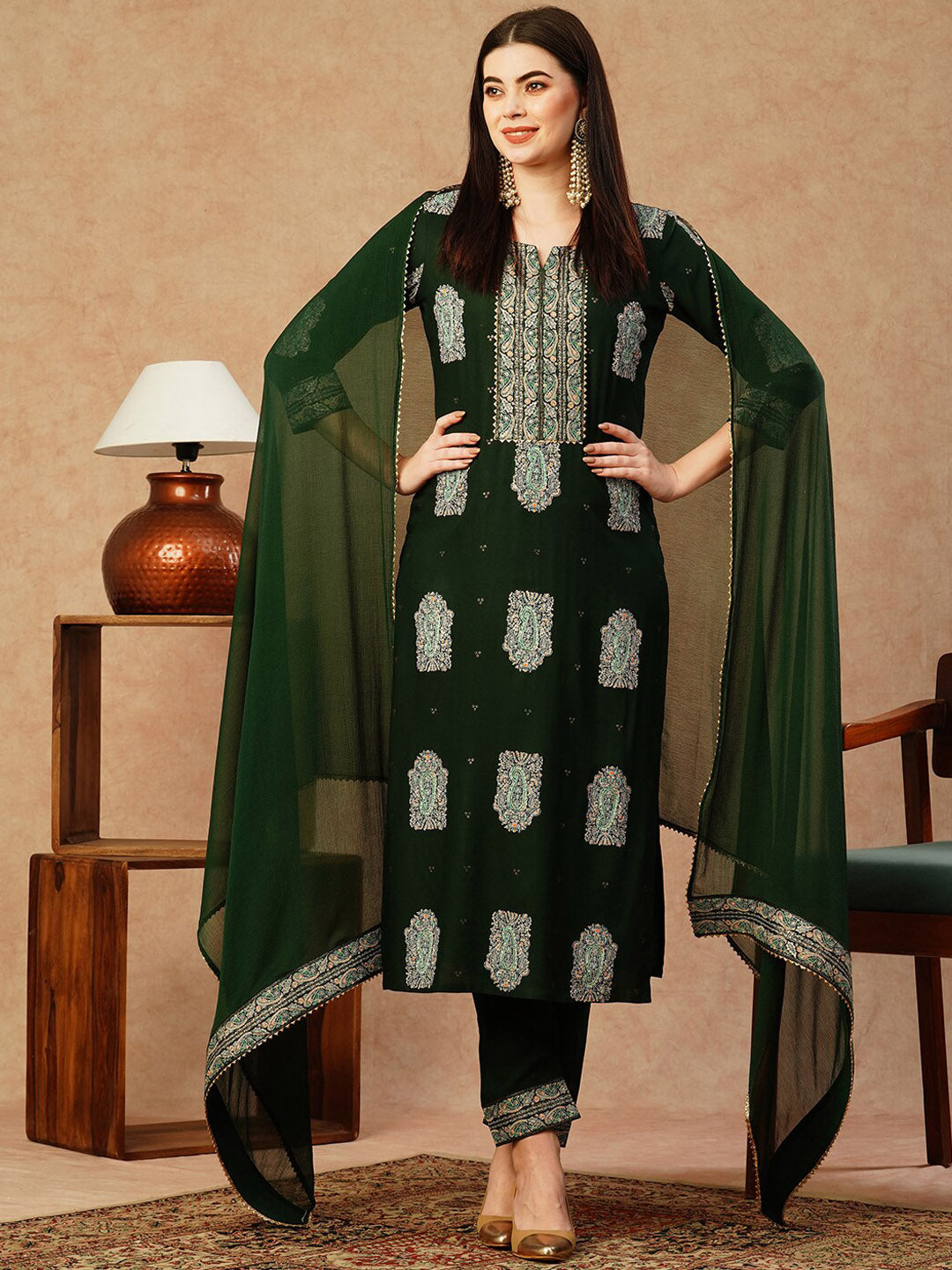 Kalini Ethnic Motifs Printed Straight Kurta with Trousers & With Dupatta - Distacart