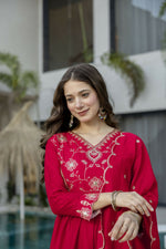 Thumbnail for The52 Women's Beautiful Vichitra Silk Fabric Embroidery Work Flared Anarkali Pant and Dupatta Set - Distacart