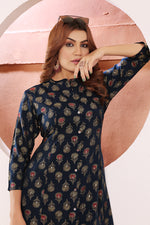 Thumbnail for Monjolika Fashion Navy Blue Viscose Maslin Print With Pocket Stylish Kurti