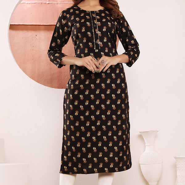 Monjolika Fashion Black Viscose Maslin Print With Pocket Stylish Kurti - Distacart