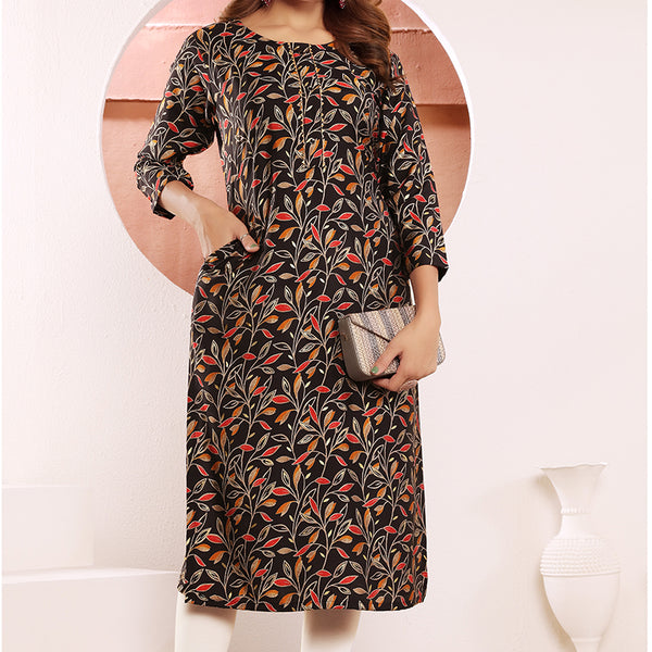 Monjolika Fashion Black Viscose Maslin Print With Pocket Stylish Kurti - Distacart