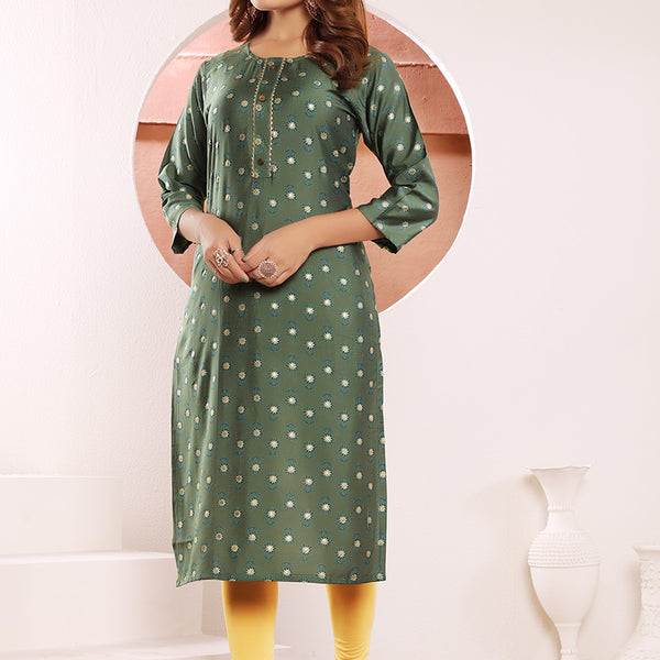 Monjolika Fashion Olive Green Viscose Maslin Print With Pocket Stylish Kurti - Distacart
