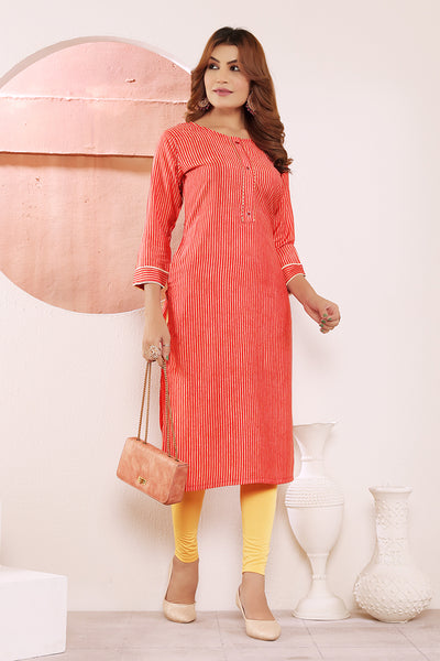 Monjolika Fashion Red Viscose Maslin Print With Pocket Stylish Kurti