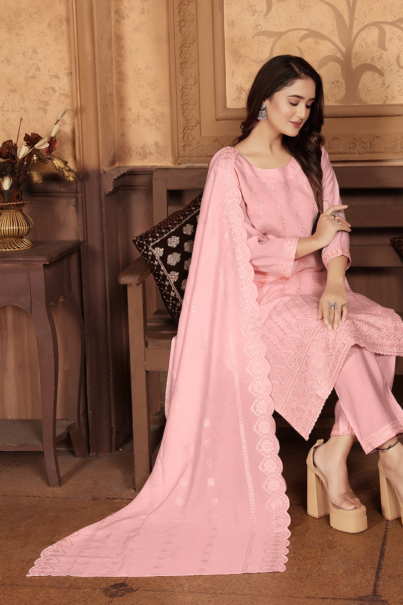 Monjolika Fashion Light Pink Chanderi With Heavy Sequence Embroidery Classic Suit